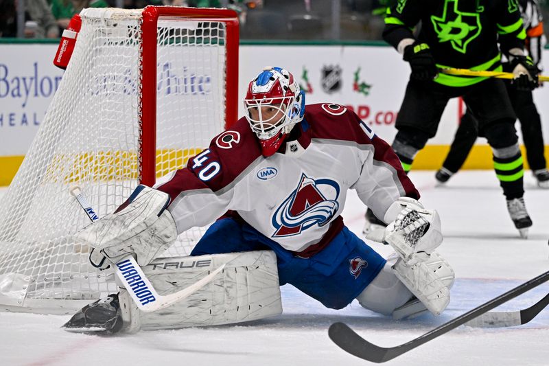 Nov 29, 2024; Dallas, Texas, USA; Colorado Avalanche goaltender Alexandar Georgiev (40) faces the Dallas Stars attack during the second period at the American Airlines Center. Mandatory Credit: Jerome Miron-Imagn Images