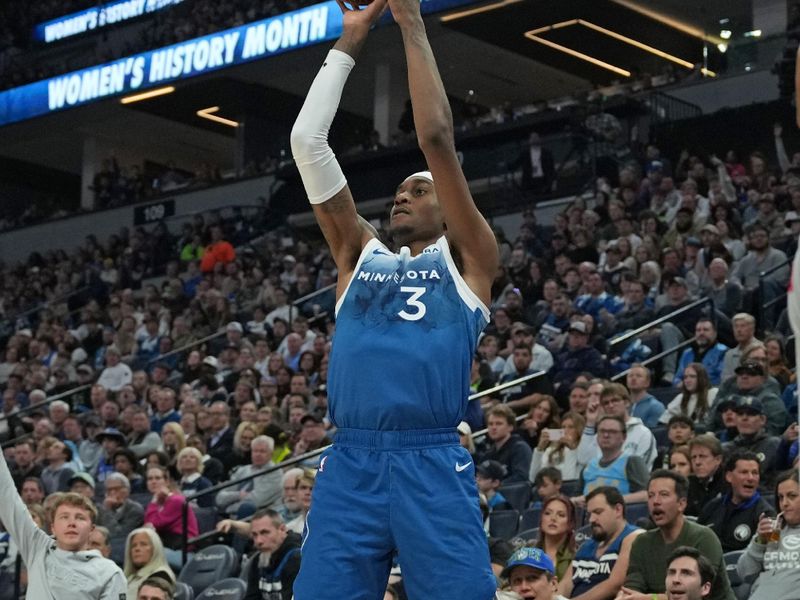 MINNEAPOLIS, MN -  MARCH 22: Jaden McDaniels #3 of the Minnesota Timberwolves shoots the ball during the game against the Cleveland Cavaliers on March 22, 2024 at Target Center in Minneapolis, Minnesota. NOTE TO USER: User expressly acknowledges and agrees that, by downloading and or using this Photograph, user is consenting to the terms and conditions of the Getty Images License Agreement. Mandatory Copyright Notice: Copyright 2024 NBAE (Photo by Jordan Johnson/NBAE via Getty Images)