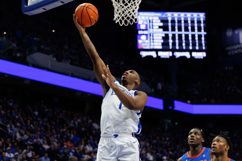 Jan 4, 2025; Lexington, Kentucky, USA; Kentucky Wildcats guard Lamont Butler (1) goes to the basket during the second half against the Florida Gators at Rupp Arena at Central Bank Center. Mandatory Credit: Jordan Prather-Imagn Images