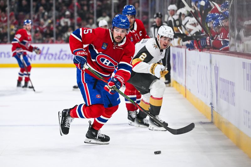 Nov 23, 2024; Montreal, Quebec, CAN; Montreal Canadiens center Alex Newhook (15) plays the puck against the Las Vegas Golden Knights during the second period at Bell Centre. Mandatory Credit: David Kirouac-Imagn Images