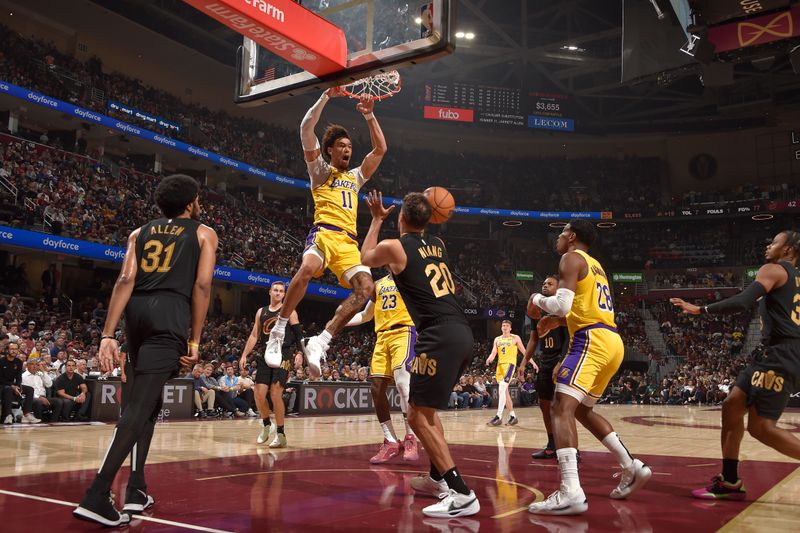 CLEVELAND, OH - OCTOBER 30: Jaxson Hayes #11 of the Los Angeles Lakers dunks the ball during the game against the Cleveland Cavaliers on October 30, 2024 at Rocket Mortgage FieldHouse in Cleveland, Ohio. NOTE TO USER: User expressly acknowledges and agrees that, by downloading and/or using this Photograph, user is consenting to the terms and conditions of the Getty Images License Agreement. Mandatory Copyright Notice: Copyright 2024 NBAE (Photo by David Liam Kyle/NBAE via Getty Images)