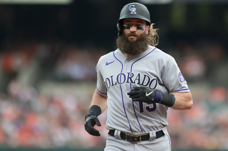 Aug 25, 2023; Baltimore, Maryland, USA; Colorado Rockies designated hitter Charlie Blackmon (19) returns to first base during the first inning against the Baltimore Orioles  at Oriole Park at Camden Yards. Mandatory Credit: Tommy Gilligan-USA TODAY Sports