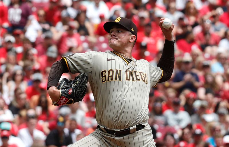 Jul 2, 2023; Cincinnati, Ohio, USA; San Diego Padres starting pitcher Adrian Morejon (50) throws against the Cincinnati Reds during the first inning at Great American Ball Park. Mandatory Credit: David Kohl-USA TODAY Sports