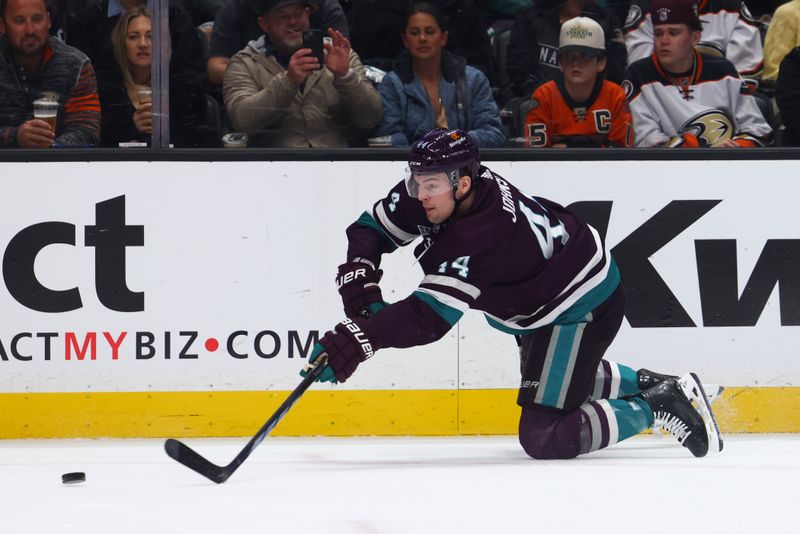 Mar 19, 2024; Anaheim, California, USA; Anaheim Ducks left wing Ross Johnston (44) makes a pass against the Minnesota Wild during the first period of a game at Honda Center. Mandatory Credit: Jessica Alcheh-USA TODAY Sports