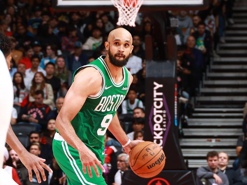 TORONTO, CANADA - OCTOBER 15: Derrick White #9 of the Boston Celtics handles the ball during the game against the Toronto Raptors on October 15, 2024 at the Scotiabank Arena in Toronto, Ontario, Canada.  NOTE TO USER: User expressly acknowledges and agrees that, by downloading and or using this Photograph, user is consenting to the terms and conditions of the Getty Images License Agreement.  Mandatory Copyright Notice: Copyright 2024 NBAE (Photo by Vaughn Ridley/NBAE via Getty Images)