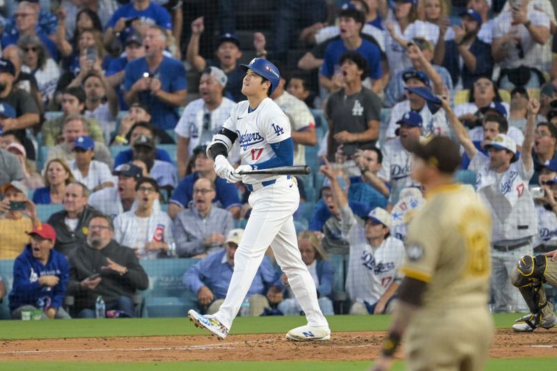 Oct 5, 2024; Los Angeles, California, USA; Los Angeles Dodgers designated hitter Shohei Ohtani (17) scores a homerun against the San Diego Padres during game one of the NLDS for the 2024 MLB Playoffs at Dodger Stadium. Mandatory Credit: Jayne Kamin-Oncea-Imagn Images