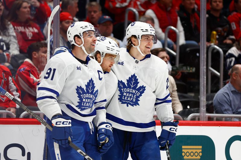 Mar 20, 2024; Washington, District of Columbia, USA; Toronto Maple Leafs right wing William Nylander (88) celebrates with teammates after scoring a goal against the Washington Capitals during the second period at Capital One Arena. Mandatory Credit: Amber Searls-USA TODAY Sports