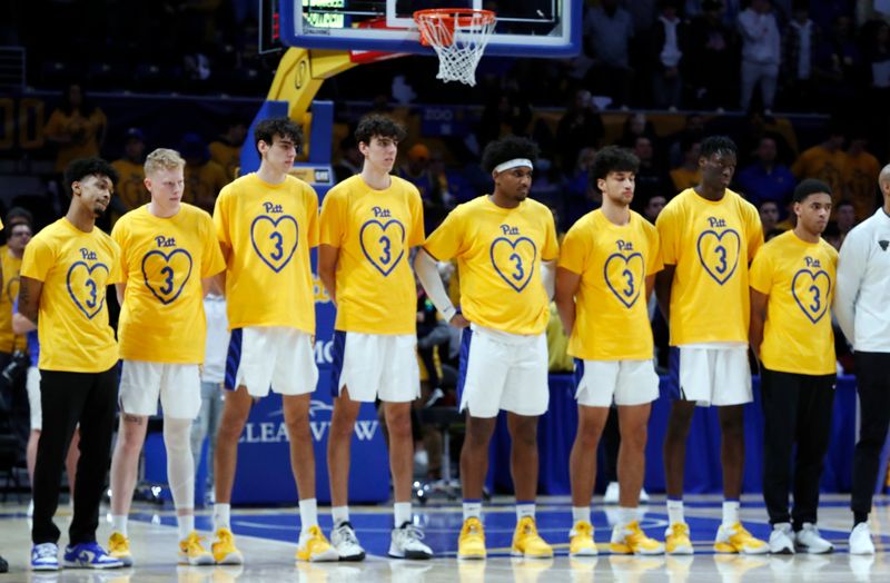 Jan 7, 2023; Pittsburgh, Pennsylvania, USA;  Pittsburgh Panthers players wear warm up shirts in support of Buffalo Bills and former Pittsburgh Panthers defensive back Damar Hamlin (not pictured) before the Panthers play the Clemson Tigers in an ACC basketball contest at the Petersen Events Center. Mandatory Credit: Charles LeClaire-USA TODAY Sports