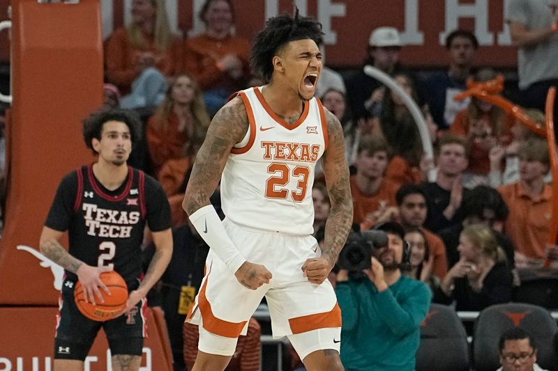 Jan 6, 2024; Austin, Texas, USA; Texas Longhorns forward Dillon Mitchell (23) reacts after scoring during the second half against the Texas Tech Red Raiders at Moody Center. Mandatory Credit: Scott Wachter-USA TODAY Sports