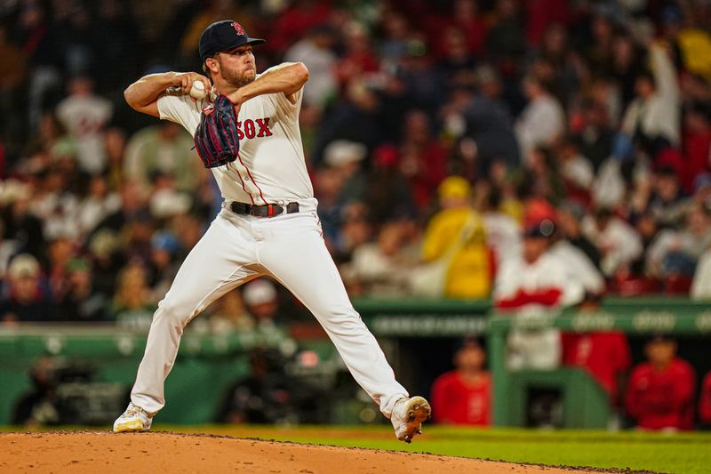 May 13, 2024; Boston, Massachusetts, USA; Boston Red Sox starting pitcher Kutter Crawford (50) throws a pitch against the Tampa Bay Rays in the fifth inning at Fenway Park. Mandatory Credit: David Butler II-USA TODAY Sports