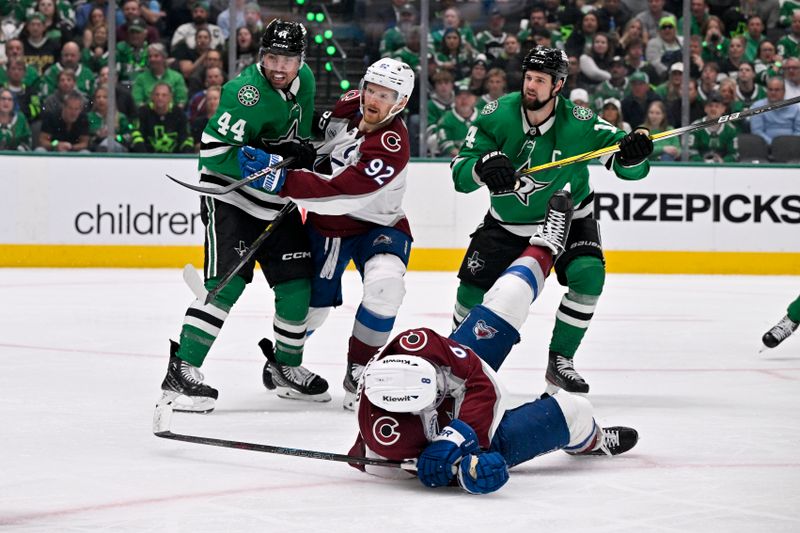 Apr 28, 2025; Dallas, Texas, USA; Dallas Stars defenseman Cody Ceci (44) and left wing Jamie Benn (14) and Colorado Avalanche left wing Gabriel Landeskog (92) look for the puck in the Stars zone during the third period in game five of the first round of the 2025 Stanley Cup Playoffs at American Airlines Center. Mandatory Credit: Jerome Miron-Imagn Images
