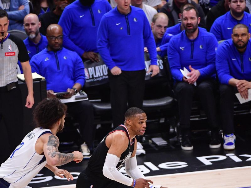 LOS ANGELES, CA - APRIL 23: Russell Westbrook #0 of the LA Clippers goes to the basket during the game against the Dallas Mavericks during Round 1 Game 2 of the 2024 NBA Playoffs on April 23, 2024 at Crypto.Com Arena in Los Angeles, California. NOTE TO USER: User expressly acknowledges and agrees that, by downloading and/or using this Photograph, user is consenting to the terms and conditions of the Getty Images License Agreement. Mandatory Copyright Notice: Copyright 2024 NBAE (Photo by Adam Pantozzi/NBAE via Getty Images)