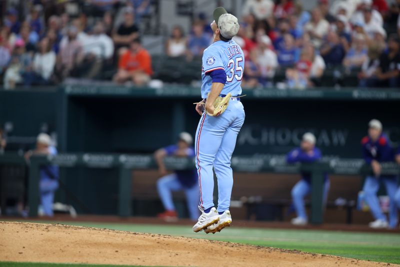 May 18, 2025; Arlington, Texas, USA;  Texas Rangers pitcher Jack Leiter (35) reacts to a home run during the seventh inning against the Houston Astros at Globe Life Field. Mandatory Credit: Tim Heitman-Imagn Images