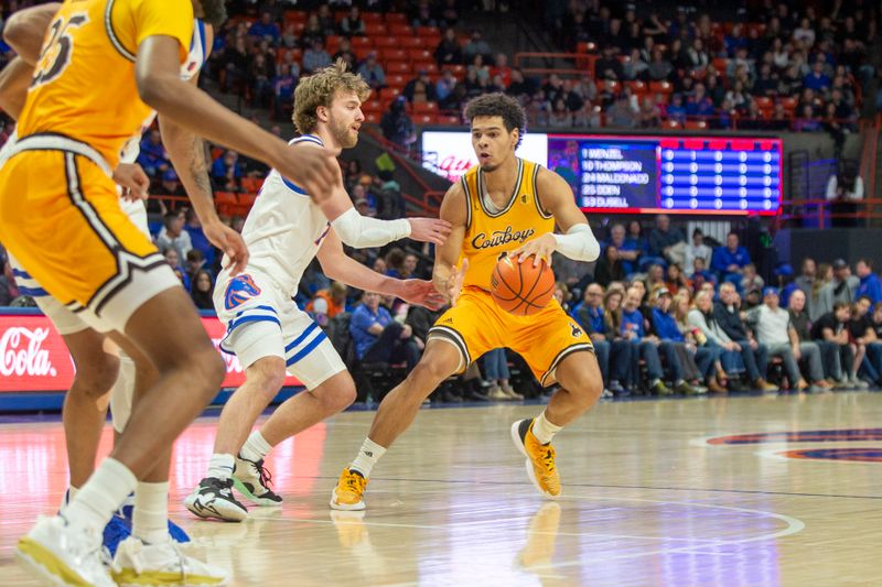 Feb 11, 2023; Boise, Idaho, USA; Wyoming Cowboys guard Brendan Wenzel (1) during the first half against the Boise State Broncos at ExtraMile Arena. Mandatory Credit: Brian Losness-USA TODAY Sports
ports