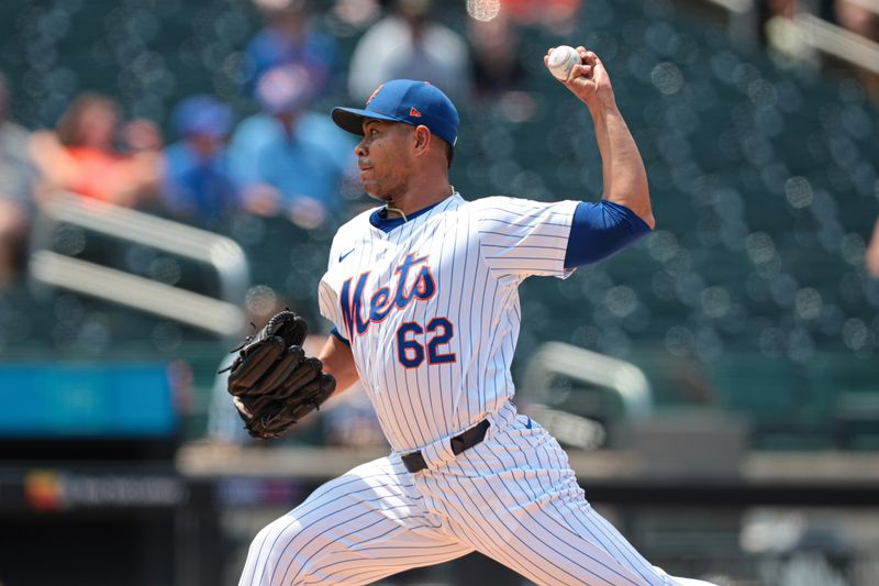 Jul 14, 2024; New York City, New York, USA; New York Mets starting pitcher Jose Quintana (62) delivers a pitch during the first inning against the Colorado Rockies at Citi Field. Mandatory Credit: Vincent Carchietta-USA TODAY Sports