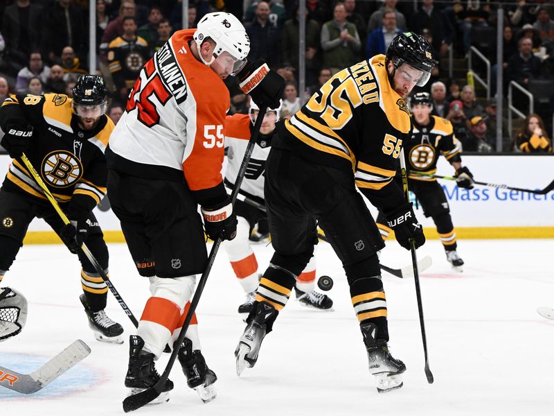 Oct 29, 2024; Boston, Massachusetts, USA; Philadelphia Flyers defenseman Rasmus Ristolainen (55) and Boston Bruins right wing Justin Brazeau (55) battle for the puck during the third period at TD Garden. Mandatory Credit: Brian Fluharty-Imagn Images