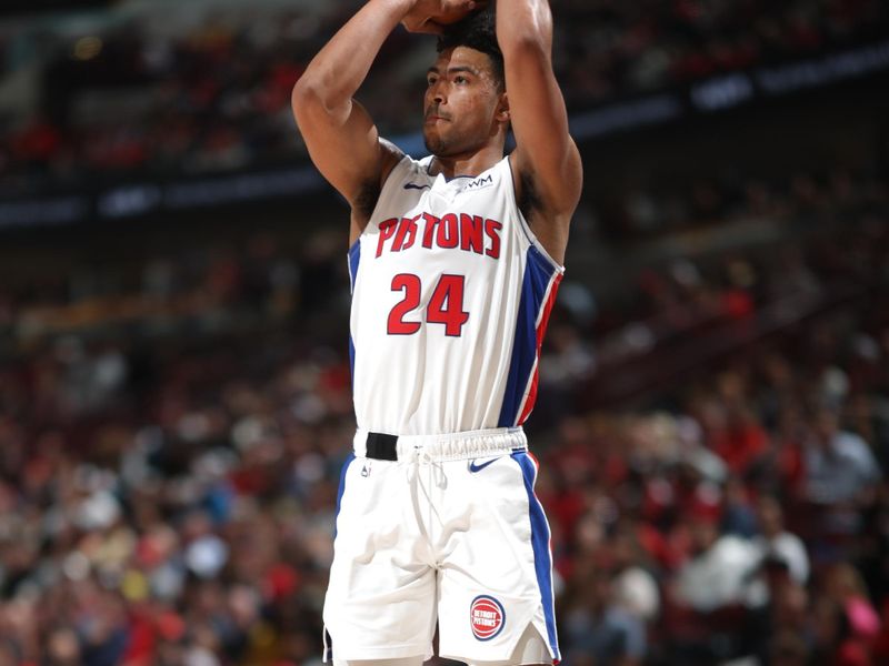 CHICAGO, IL -FEBRUARY 27: Quentin Grimes #24 of the Detroit Pistons shoots the ball during the game against the Chicago Bulls on February 27, 2024 at United Center in Chicago, Illinois. NOTE TO USER: User expressly acknowledges and agrees that, by downloading and or using this photograph, User is consenting to the terms and conditions of the Getty Images License Agreement. Mandatory Copyright Notice: Copyright 2024 NBAE (Photo by Jeff Haynes/NBAE via Getty Images)