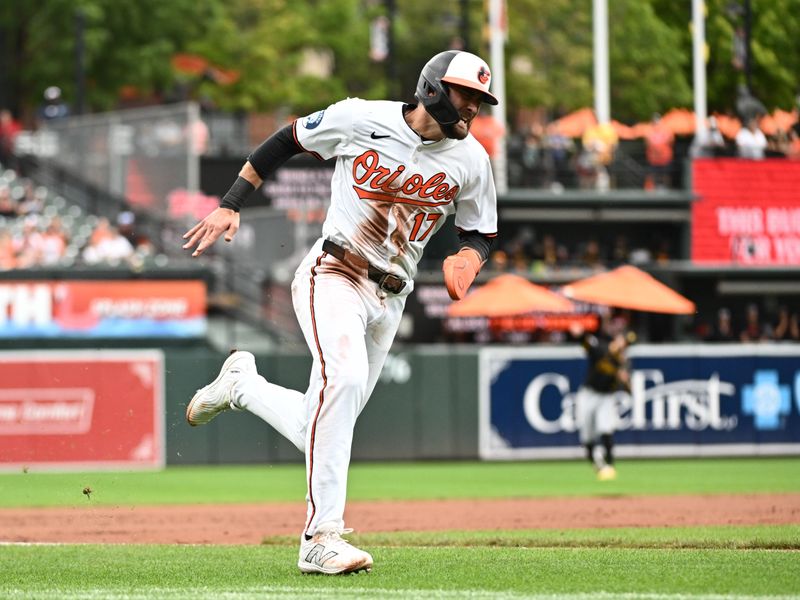Sep 11, 2025; Baltimore, Maryland, USA;  Baltimore Orioles outfielder Colton Cowser (17) rounds the bases on an rbi single by first baseman Coby Mayo (not pictured) during the second inning against the Pittsburgh Pirates at Oriole Park at Camden Yards. Mandatory Credit: James A. Pittman-Imagn Images