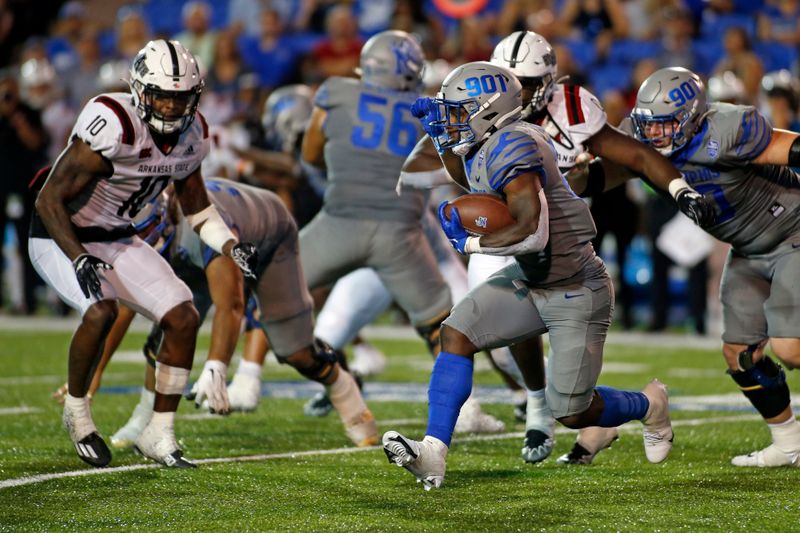 Sep 17, 2022; Memphis, Tennessee, USA; Memphis Tigers running back Brandon Thomas (22) runs the ball during the second half against the Arkansas State Red Wolves at Liberty Bowl Memorial Stadium. Mandatory Credit: Petre Thomas-USA TODAY Sports