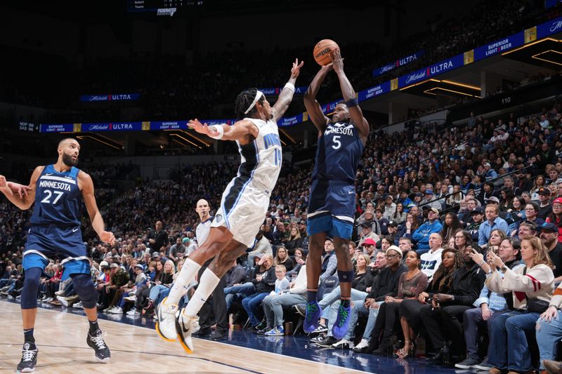 MINNEAPOLIS, MN -  FEBRUARY 2: Anthony Edwards #5 of the Minnesota Timberwolves shoots the ball during the game against the Orlando Magic on February 2, 2024 at Target Center in Minneapolis, Minnesota. NOTE TO USER: User expressly acknowledges and agrees that, by downloading and or using this Photograph, user is consenting to the terms and conditions of the Getty Images License Agreement. Mandatory Copyright Notice: Copyright 2024 NBAE (Photo by Jordan Johnson/NBAE via Getty Images)