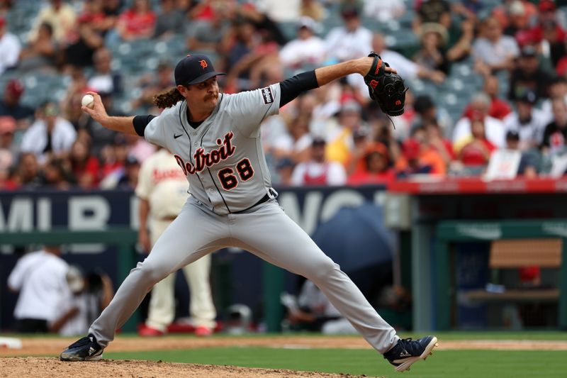 Sep 17, 2023; Anaheim, California, USA;  Detroit Tigers relief pitcher Jason Foley (68) pitches during the eighth inning against the Los Angeles Angels at Angel Stadium. Mandatory Credit: Kiyoshi Mio-USA TODAY Sports