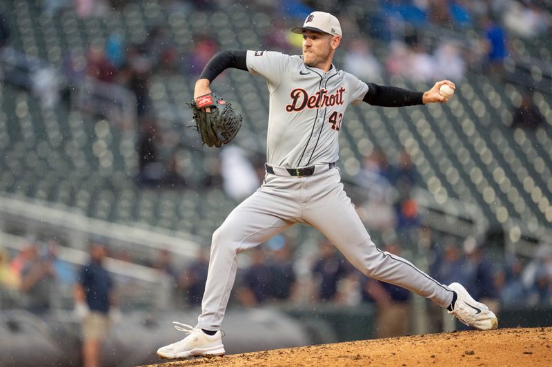 Jul 4, 2024; Minneapolis, Minnesota, USA; Detroit Tigers relief pitcher Joey Wentz (43) pitches against the Minnesota Twins in the fifth inning at Target Field. Mandatory Credit: Matt Blewett-USA TODAY Sports