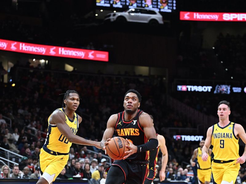 ATLANTA, GA - JANUARY 12: Trent Forrest #2 of the Atlanta Hawks drives to the basket during the game against the Indiana Pacers on January 12, 2024 at State Farm Arena in Atlanta, Georgia.  NOTE TO USER: User expressly acknowledges and agrees that, by downloading and/or using this Photograph, user is consenting to the terms and conditions of the Getty Images License Agreement. Mandatory Copyright Notice: Copyright 2024 NBAE (Photo by Adam Hagy/NBAE via Getty Images)