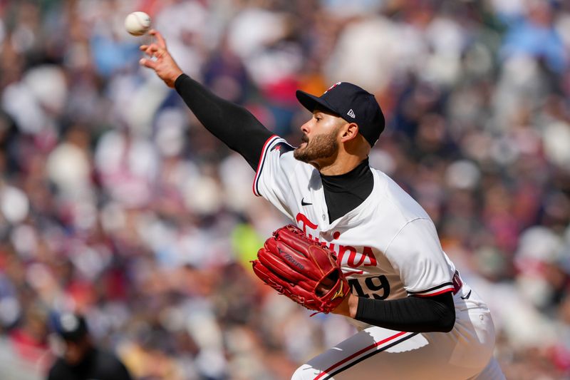 Apr 4, 2024; Minneapolis, Minnesota, USA; Minnesota Twins starting pitcher Pablo Lopez (49) delivers a pitch during the first inning against the Cleveland Guardians Target Field. Mandatory Credit: Jordan Johnson-USA TODAY Sports