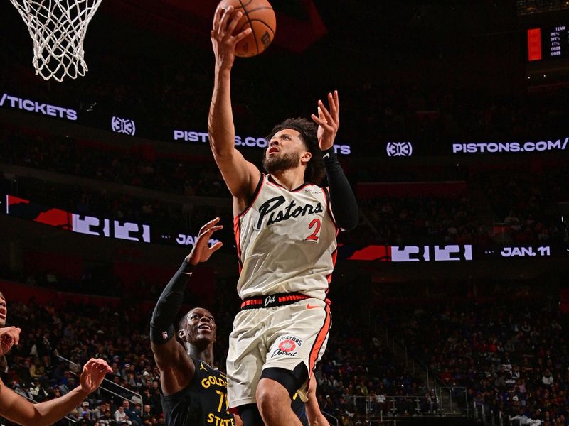 DETROIT, MI - JANUARY 9: Cade Cunningham #2 of the Detroit Pistons drives to the basket during the game against the Golden State Warriors on January 9, 2025 at Little Caesars Arena in Detroit, Michigan. NOTE TO USER: User expressly acknowledges and agrees that, by downloading and/or using this photograph, User is consenting to the terms and conditions of the Getty Images License Agreement. Mandatory Copyright Notice: Copyright 2025 NBAE (Photo by Chris Schwegler/NBAE via Getty Images)