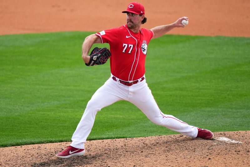 Feb 26, 2024; Goodyear, AZ, USA; Cincinnati Reds pitcher Tyler Gilbert delivers a pitch in the seventh inning during a MLB spring training baseball game against the Seattle Mariners, Monday, Feb. 26, 2024, at Goodyear Ballpark in Goodyear, Ariz. Mandatory Credit: Kareem Elgazzar-USA TODAY Sports