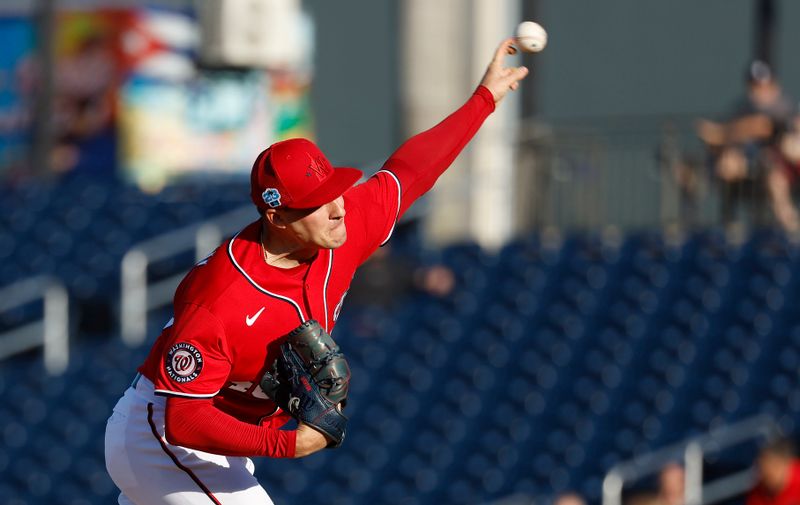 Mar 20, 2023; West Palm Beach, Florida, USA;  Washington Nationals starting pitcher Patrick Corbin (46) pitches against the New York Mets during the first inning at The Ballpark of the Palm Beaches. Mandatory Credit: Rhona Wise-USA TODAY Sports