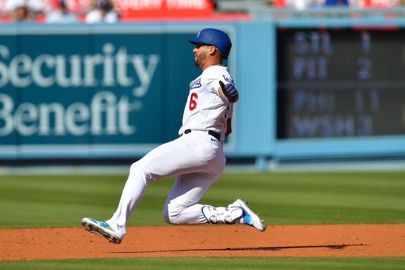 Jun 4, 2023; Los Angeles, California, USA; Los Angeles Dodgers left fielder David Peralta (6) reaches second on a double against the New York Yankees during the second inning at Dodger Stadium. Mandatory Credit: Gary A. Vasquez-USA TODAY Sports