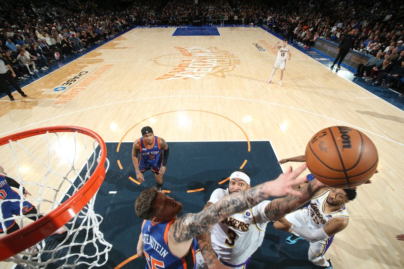 NEW YORK, NY - FEBRUARY 3: Isaiah Hartenstein #55 of the New York Knicks blocks the shot by Anthony Davis #3 of the Los Angeles Lakers during the game on February 3, 2024 at Madison Square Garden in New York City, New York.  NOTE TO USER: User expressly acknowledges and agrees that, by downloading and or using this photograph, User is consenting to the terms and conditions of the Getty Images License Agreement. Mandatory Copyright Notice: Copyright 2024 NBAE  (Photo by Nathaniel S. Butler/NBAE via Getty Images)