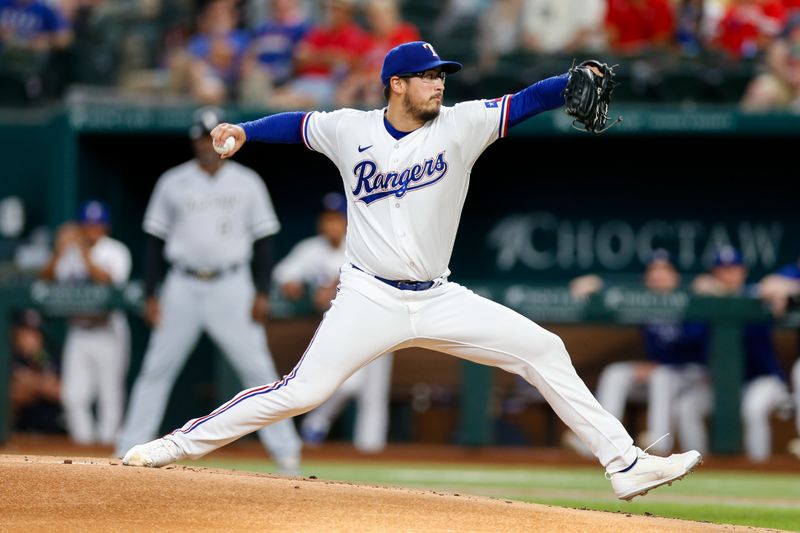 Aug 2, 2023; Arlington, Texas, USA; Texas Rangers starting pitcher Dane Dunning (33) throws during the first inning against the Chicago White Sox at Globe Life Field. Mandatory Credit: Andrew Dieb-USA TODAY Sports