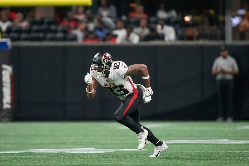 Atlanta Falcons wide receiver J.J. Arcega-Whiteside (83) runs a route in the first half of an NFL football game against the Pittsburgh Steelers in Atlanta, Thursday, Aug. 24, 2023. (AP Photo/Gerald Herbert)