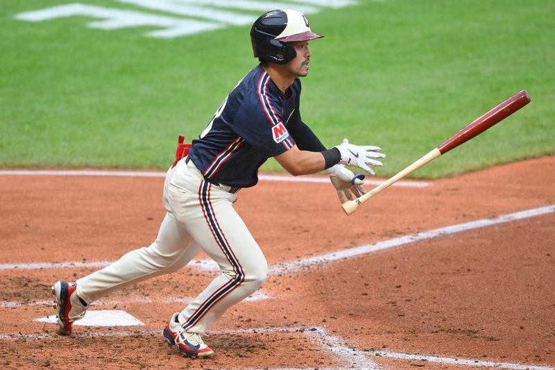 Jun 4, 2024; Cleveland, Ohio, USA; Cleveland Guardians left fielder Steven Kwan (38) doubles in the fourth inning against the Kansas City Royals at Progressive Field. Mandatory Credit: David Richard-USA TODAY Sports