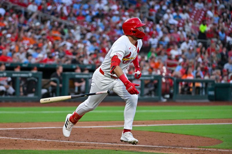 May 20, 2024; St. Louis, Missouri, USA;  St. Louis Cardinals center fielder Michael Siani (63) hits a three run home run against the Baltimore Orioles during the fourth inning at Busch Stadium. Mandatory Credit: Jeff Curry-USA TODAY Sports