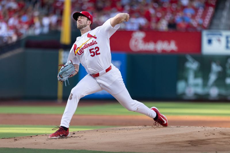 Jun 26, 2024; St. Louis, Missouri, USA; St. Louis Cardinals pitcher Matthew Liberatore (52) pitches against the Atlanta Braves in the first inning at Busch Stadium. Mandatory Credit: Zach Dalin-USA TODAY Sports