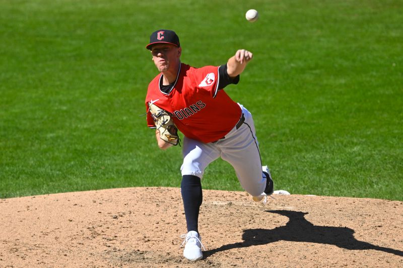 Aug 31, 2025; Cleveland, Ohio, USA; Cleveland Guardians relief pitcher Kolby Allard (49) delivers a pitch in the seventh inning against the Seattle Mariners at Progressive Field. Mandatory Credit: David Richard-Imagn Images