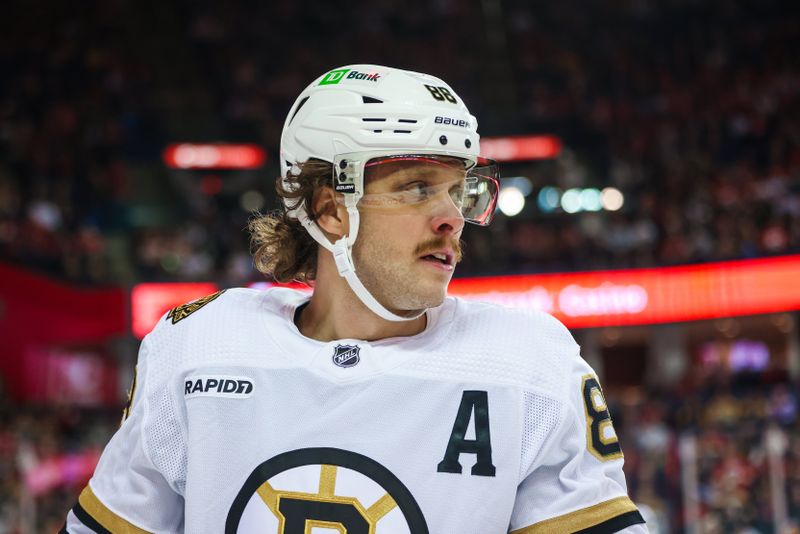 Feb 22, 2024; Calgary, Alberta, CAN; Boston Bruins right wing David Pastrnak (88) skates during the first period against the Calgary Flames at Scotiabank Saddledome. Mandatory Credit: Sergei Belski-USA TODAY Sports