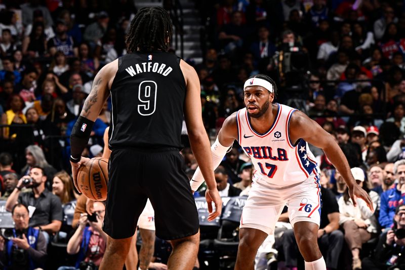 PHILADELPHIA, PA - APRIL 14:  Buddy Heild #17 of the Philadelphia 76ers plays defense during the game against the Brooklyn Nets on April 14, 2024 at the Wells Fargo Center in Philadelphia, Pennsylvania NOTE TO USER: User expressly acknowledges and agrees that, by downloading and/or using this Photograph, user is consenting to the terms and conditions of the Getty Images License Agreement. Mandatory Copyright Notice: Copyright 2024 NBAE (Photo by David Dow/NBAE via Getty Images)