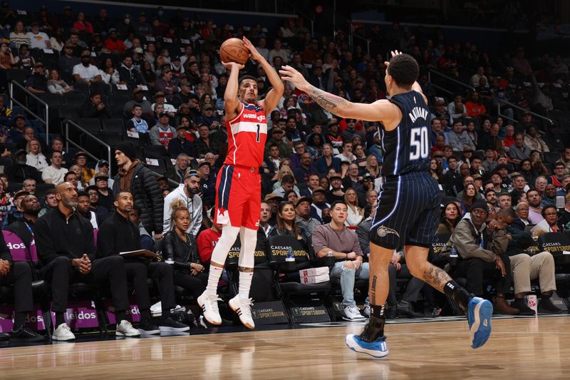 WASHINGTON, DC -? MARCH 6:  Johnny Davis #1 of the Washington Wizards shoots a 3-point basket during the game  on March 6, 2024 at Capital One Arena in Washington, DC. NOTE TO USER: User expressly acknowledges and agrees that, by downloading and or using this Photograph, user is consenting to the terms and conditions of the Getty Images License Agreement. Mandatory Copyright Notice: Copyright 2024 NBAE (Photo by Stephen Gosling/NBAE via Getty Images)