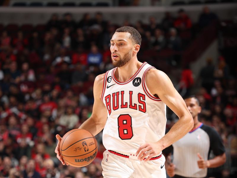 CHICAGO, IL - OCTOBER 4: Zach LaVine #8 of the Chicago Bulls dribbles the ball during the game against the New Orleans Pelicans on October 4, 2022 at United Center in Chicago, Illinois. NOTE TO USER: User expressly acknowledges and agrees that, by downloading and or using this photograph, User is consenting to the terms and conditions of the Getty Images License Agreement. Mandatory Copyright Notice: Copyright 2022 NBAE (Photo by Jeff Haynes/NBAE via Getty Images)