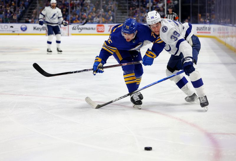 Jan 20, 2024; Buffalo, New York, USA;  Buffalo Sabres defenseman Connor Clifton (75) and Tampa Bay Lightning Waltteri Merela (39) go after a loose puck during the first period at KeyBank Center. Mandatory Credit: Timothy T. Ludwig-USA TODAY Sports