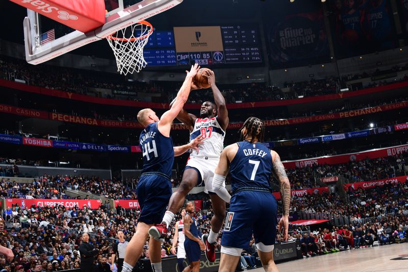 LOS ANGELES, CA - MARCH 1: Eugene Omoruyi #97 of the Washington Wizards drives to the basket during the game against the LA Clippers on March 1, 2024 at Crypto.Com Arena in Los Angeles, California. NOTE TO USER: User expressly acknowledges and agrees that, by downloading and/or using this Photograph, user is consenting to the terms and conditions of the Getty Images License Agreement. Mandatory Copyright Notice: Copyright 2024 NBAE (Photo by Adam Pantozzi/NBAE via Getty Images)