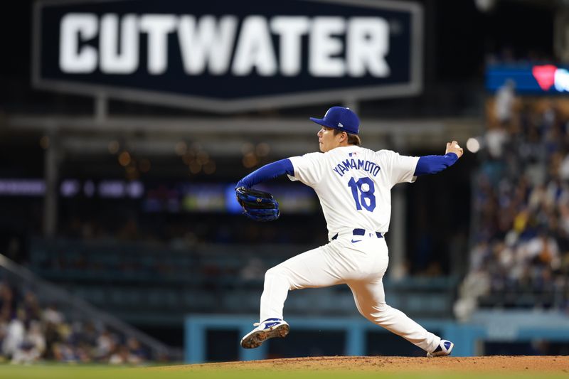 Apr 19, 2024; Los Angeles, California, USA;  Los Angeles Dodgers pitcher Yoshinobu Yamamoto (18) pitches during the fourth inning against the New York Mets at Dodger Stadium. Mandatory Credit: Kiyoshi Mio-USA TODAY Sports