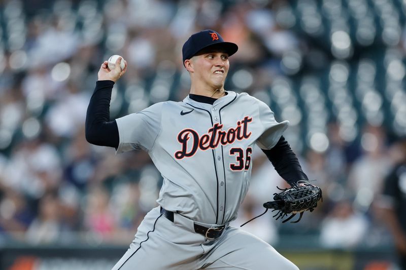 Aug 26, 2024; Chicago, Illinois, USA; Detroit Tigers starting pitcher Ty Madden (36) delivers a pitch against the Chicago White Sox during the first inning at Guaranteed Rate Field. Mandatory Credit: Kamil Krzaczynski-USA TODAY Sports