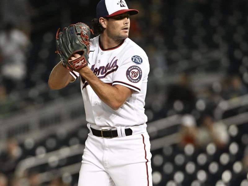 Apr 4, 2023; Washington, District of Columbia, USA; Washington Nationals relief pitcher Kyle Finnegan (67) throws to the Tampa Bay Rays during the ninth inning at Nationals Park. Mandatory Credit: Brad Mills-USA TODAY Sports