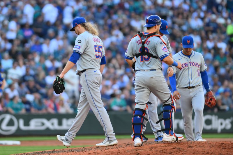 Aug 11, 2024; Seattle, Washington, USA; New York Mets relief pitcher Ryne Stanek (55) is pulled from the game during the sixth inning against the Seattle Mariners at T-Mobile Park. Mandatory Credit: Steven Bisig-USA TODAY Sports