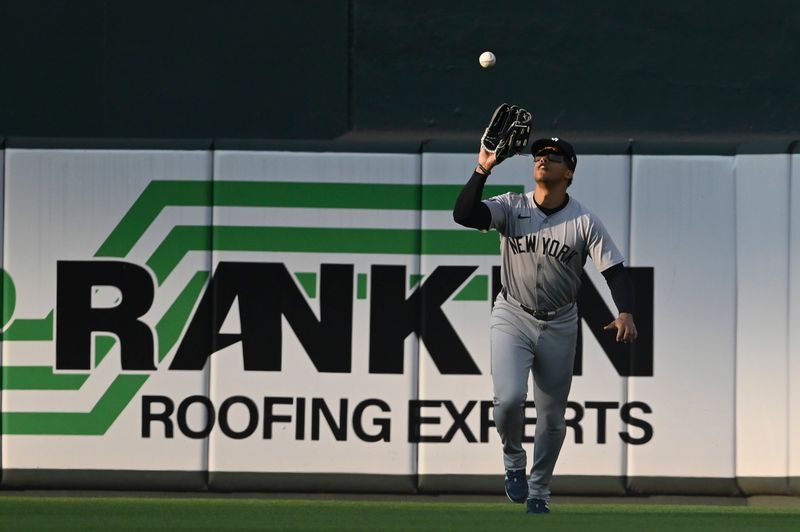 Apr 29, 2024; Baltimore, Maryland, USA;  New York Yankees outfielder Juan Soto (22) catches  second inning fly ball against the Baltimore Orioles at Oriole Park at Camden Yards. Mandatory Credit: Tommy Gilligan-USA TODAY Sports